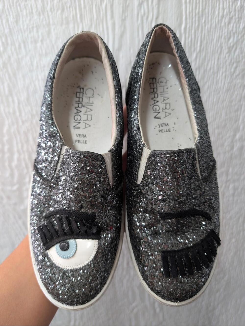 Chiara Ferragni Flirting Glitter Slip On Sneakers Shoes In Silver Size 36